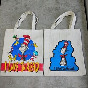 Vintage 90s Dr Seuss I Love To Read Book Bag Canvas Tote Set Cat In The Hat 1997